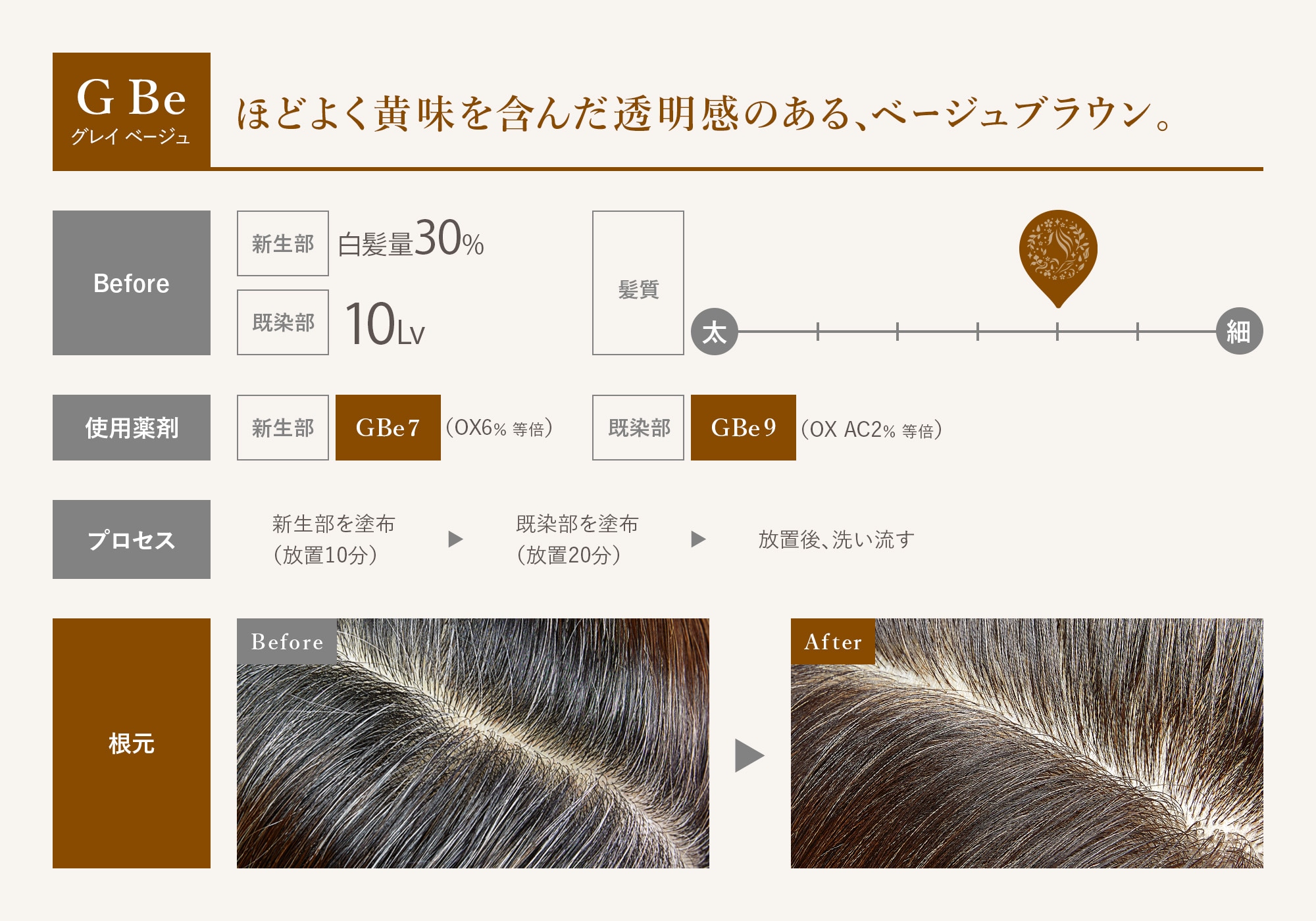 GBe グレイベージュ ほどよく黄味を含んだ透明感のある、ベージュブラウン。