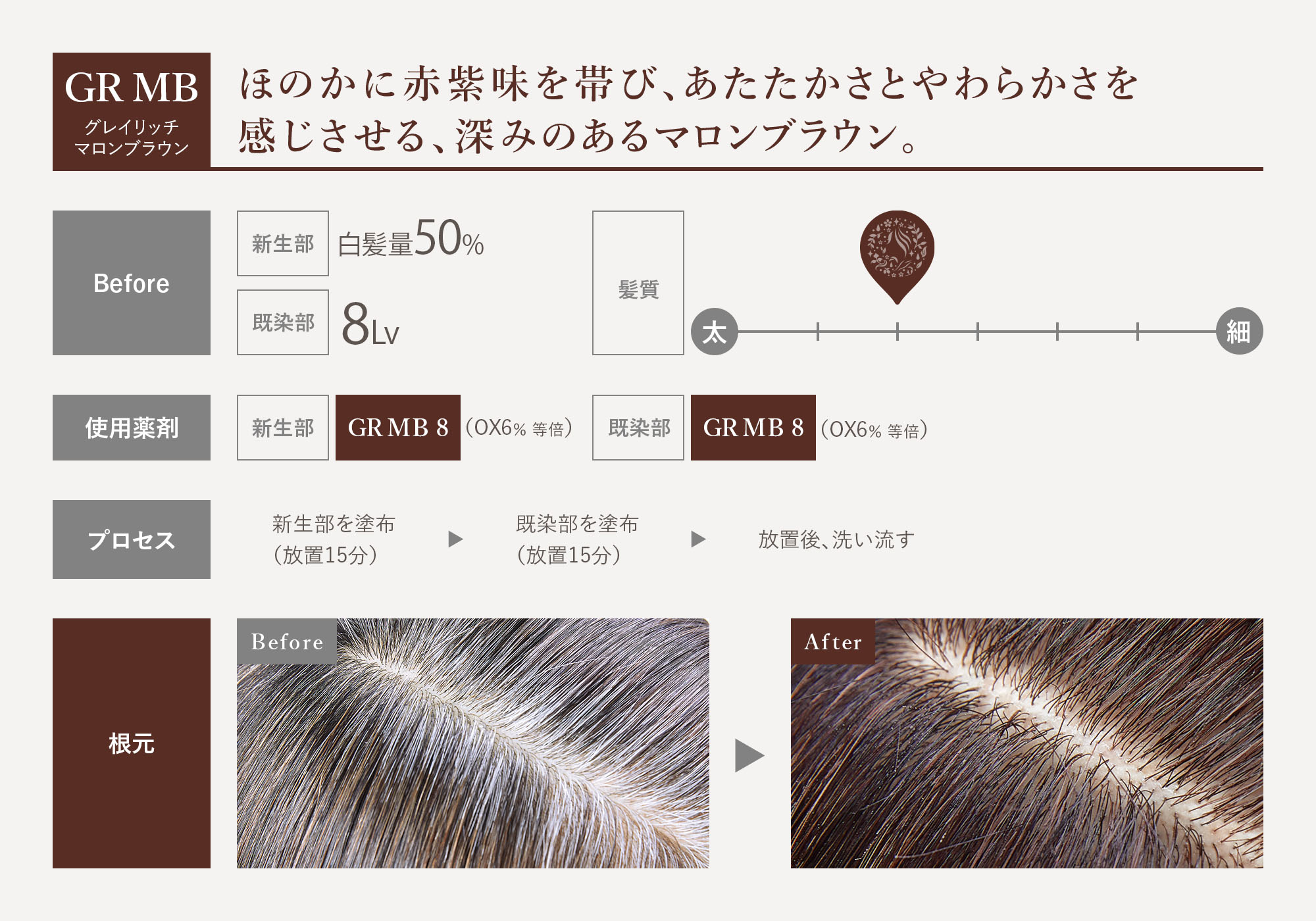 GRMB グレイリッチマロンブラウン ほのかに赤紫味を帯び、あたたかさとやわらかさを感じさせる、深みのあるマロンブラウン。