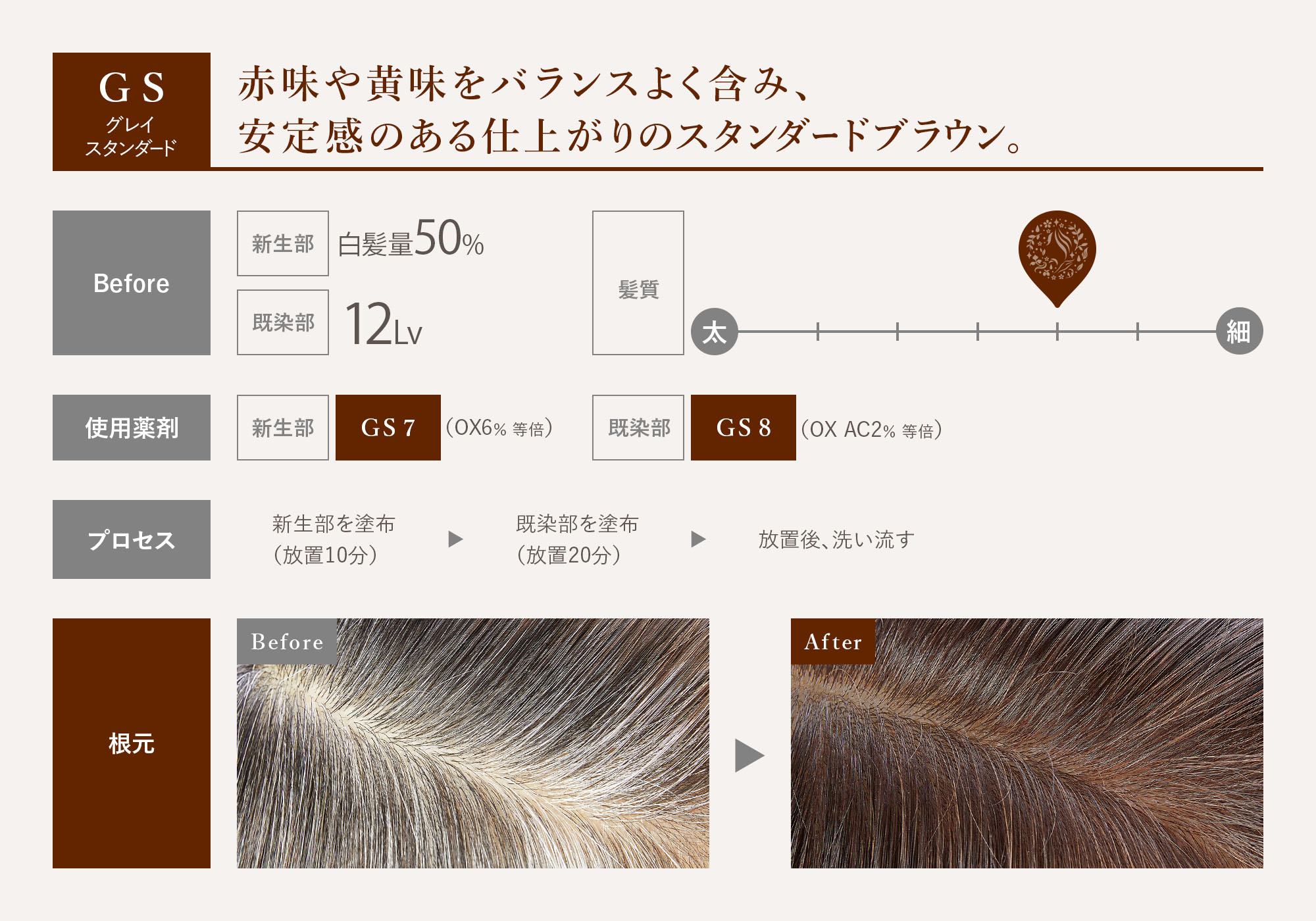 GS グレイスタンダード 赤味や黄味をバランスよく含み、安定感のある仕上がりのスタンダードブラウン。
